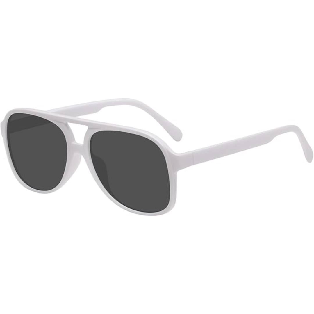 Close-up of shiny frame & dark lenses on vintage 70s aviator sunglasses. UV400 protection.