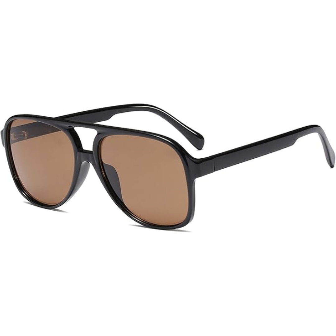 Woman sporting classic 70s style aviator sunglasses, a trendy unisex eyewear fashion accessory.
