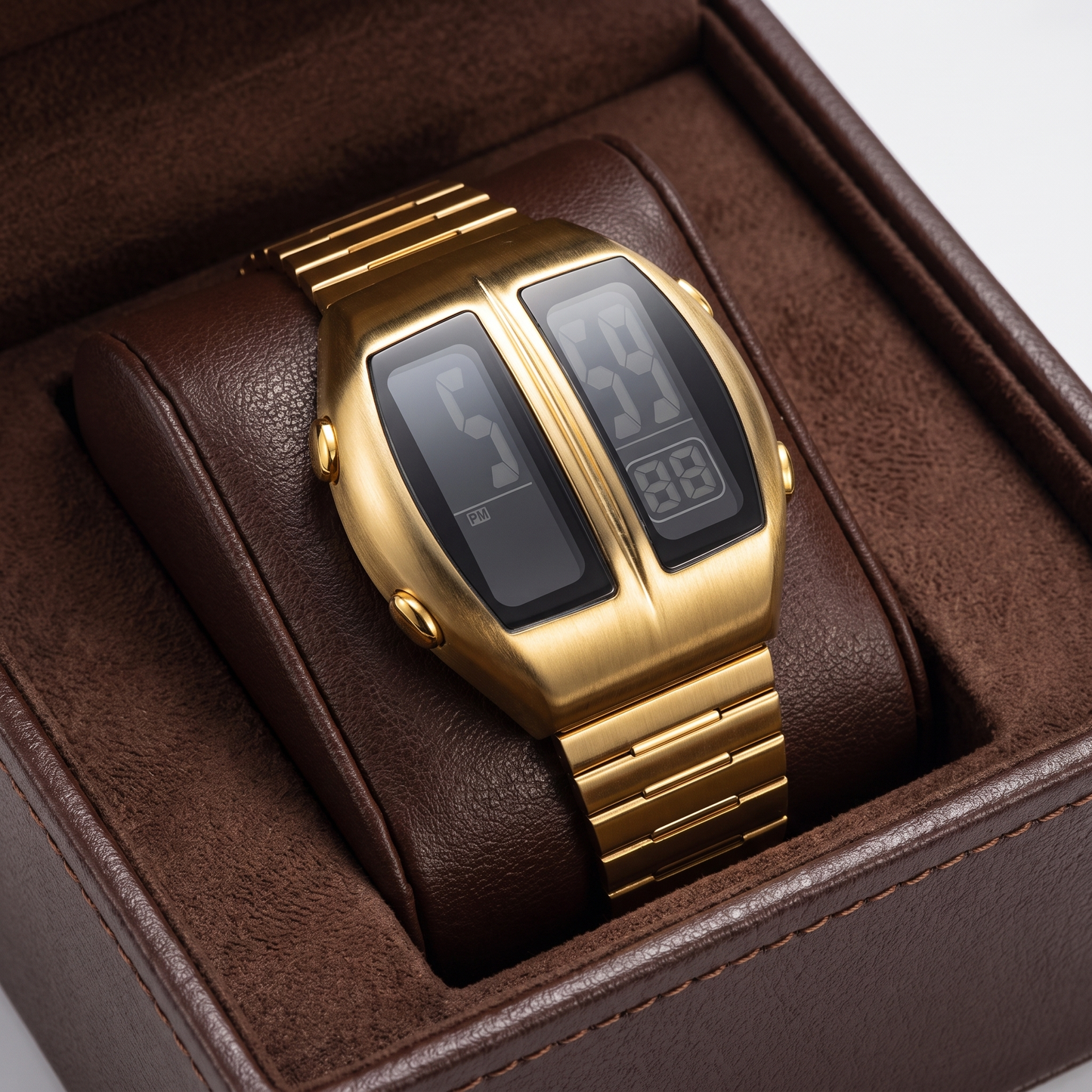 Gold unisex retro digital watch, water-resistant, vintage fashion timepiece.