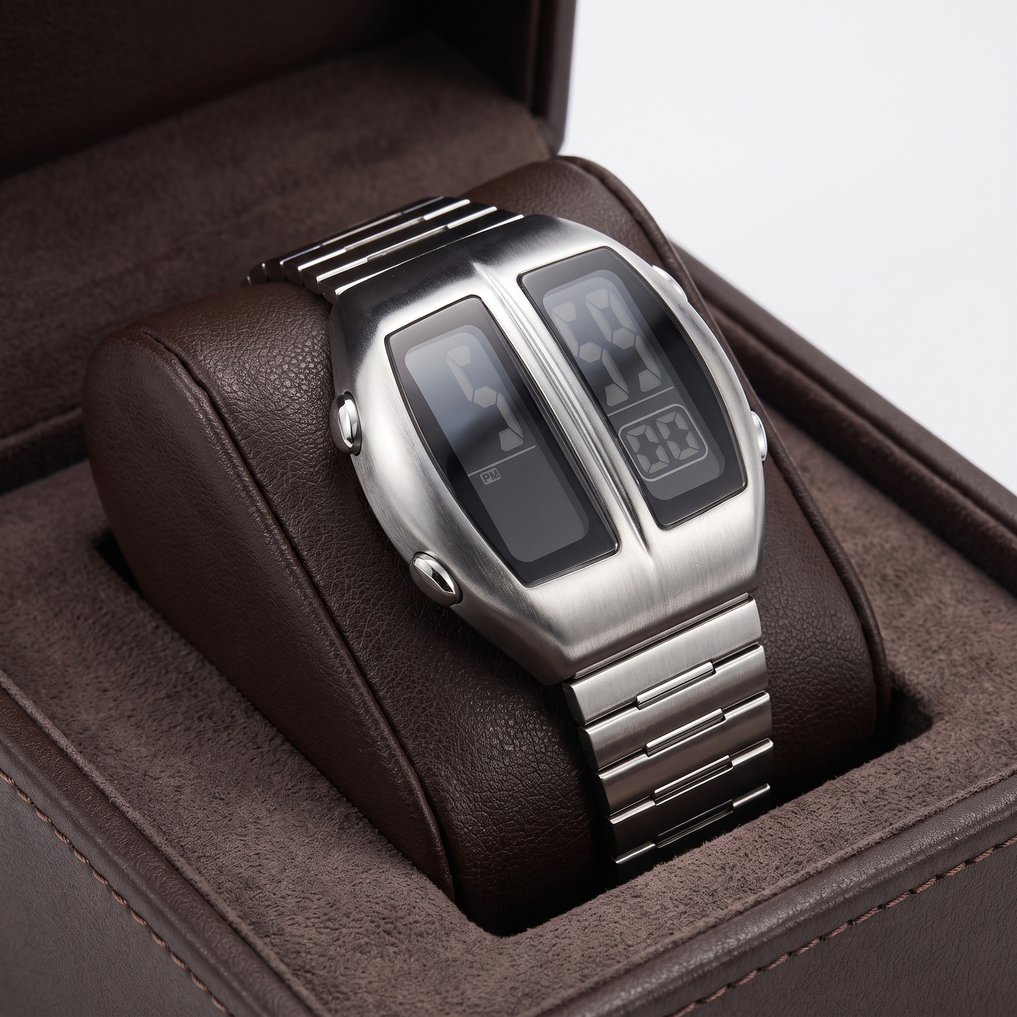 Silver unisex digital watch, retro design, water resistant, classic daily accessory.