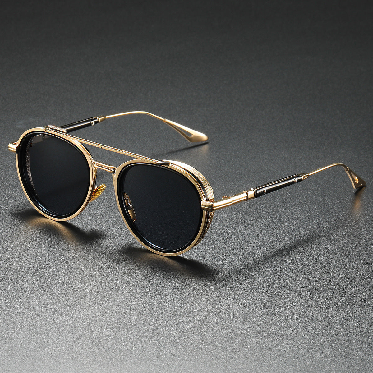 Unisex retro luxe sunglasses with gold frame, gradient lenses, and UV protection for a stylish, classic look.