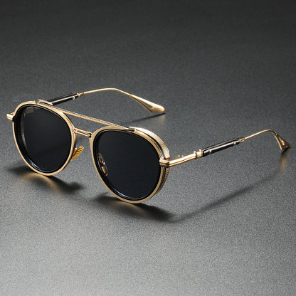 Unisex retro luxe sunglasses with gold frame, gradient lenses, and UV protection for a stylish, classic look.