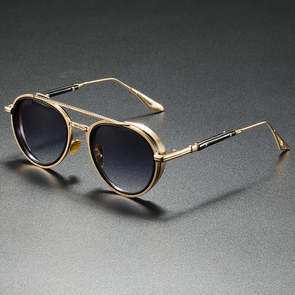 Stylish unisex vintage sunglasses with gold frames & gradient lenses. Luxe retro eyewear offering full UV protection.