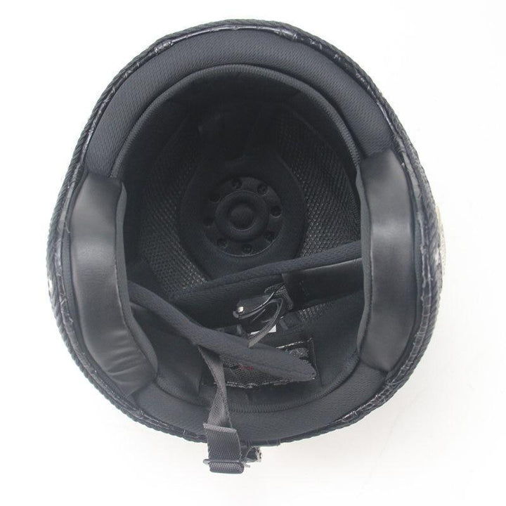 Stylish brown synthetic leather open face helmet for motorcycle riders. Retro design, comfortable biker gear.