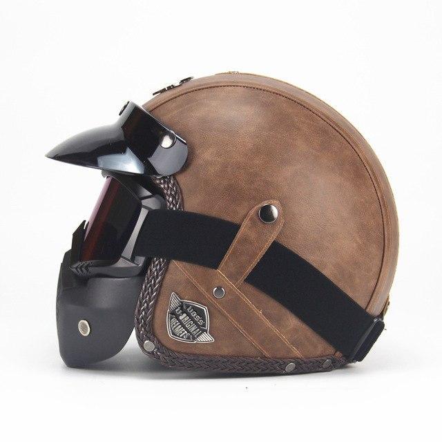 Retro open face motorcycle helmet with brown synthetic leather finish, offering stylish and protective biker gear.
