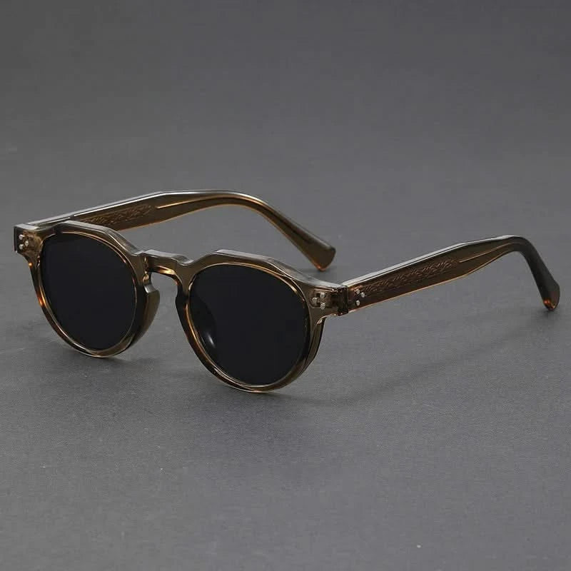 Close-up: Retro polarized unisex sunglasses frame, premium acetate, ensuring full UV protection. Fashion eyewear.