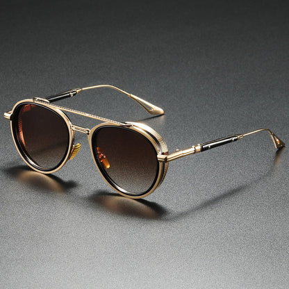 Modern retro round sunglasses for men & women, featuring sleek metal frames and protective gradient lenses. Stylish eyewear.