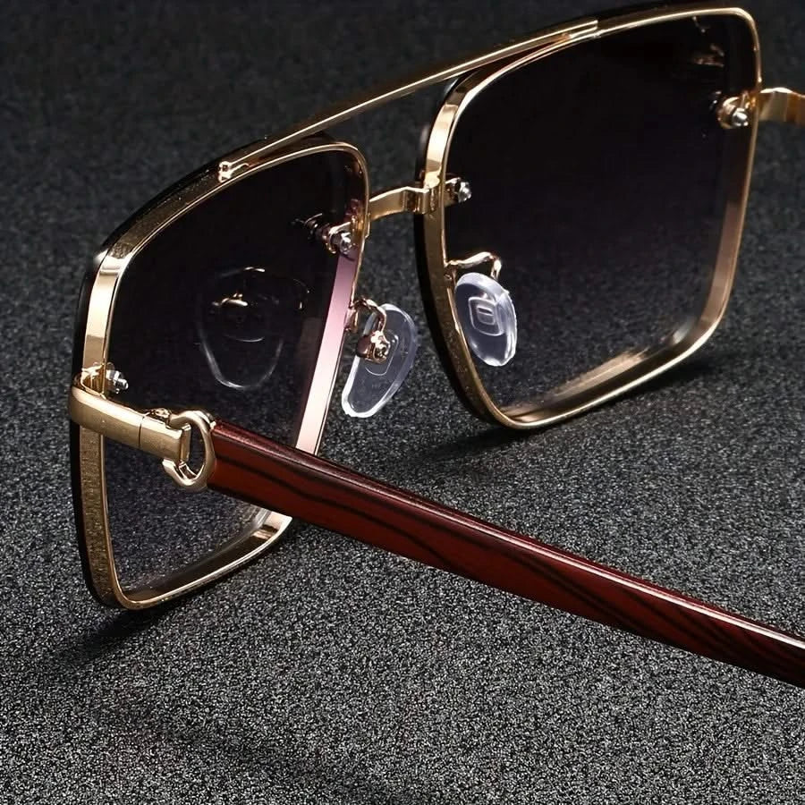 Retro square metal frame sunglasses with unique wooden arms & gradient lenses, a stylish unisex fashion accessory.