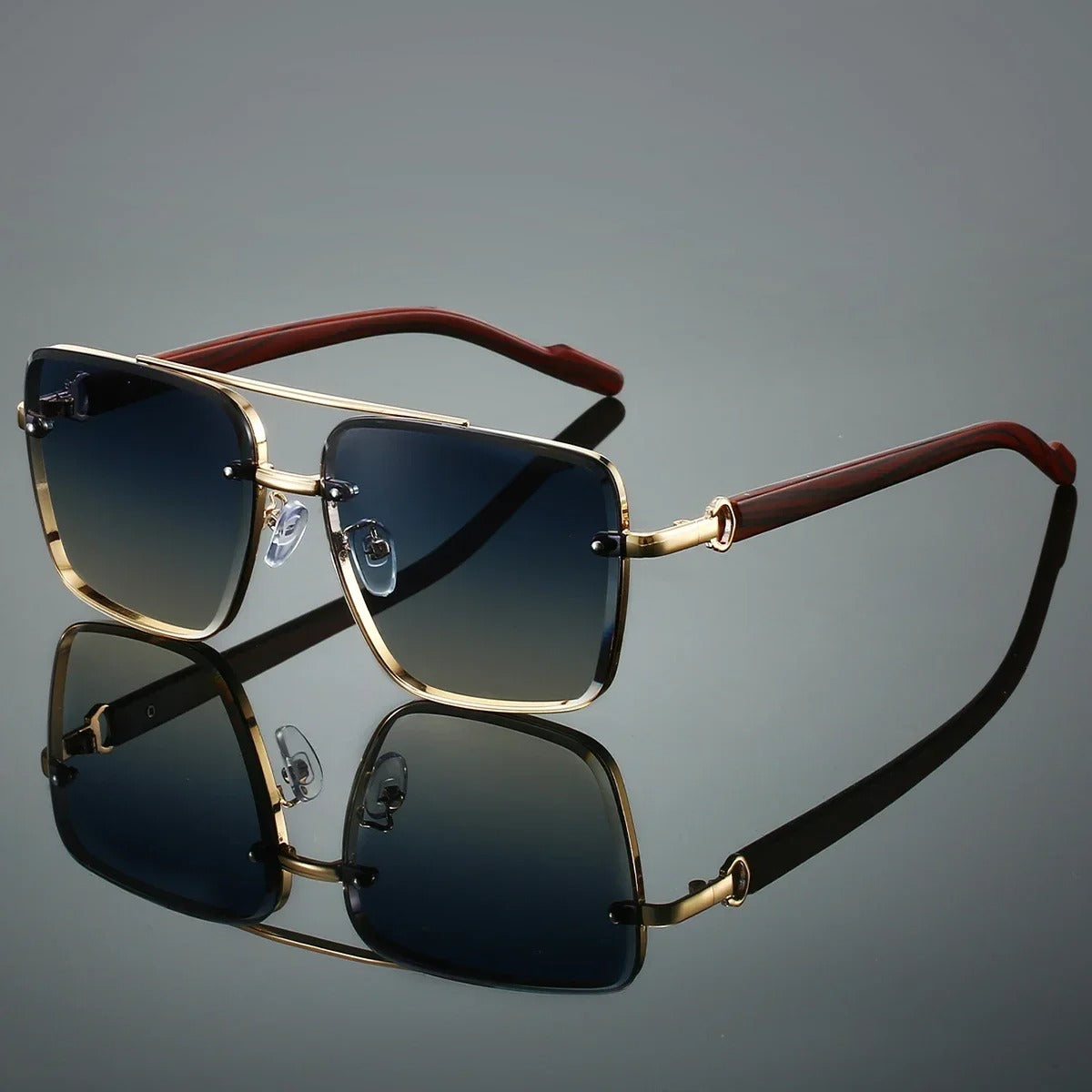 Gold square frame retro sunglasses with stylish wood-grain arms for unisex UV protection.