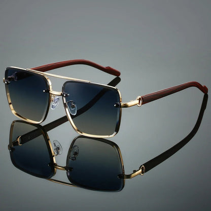 Gold square frame retro sunglasses with stylish wood-grain arms for unisex UV protection.