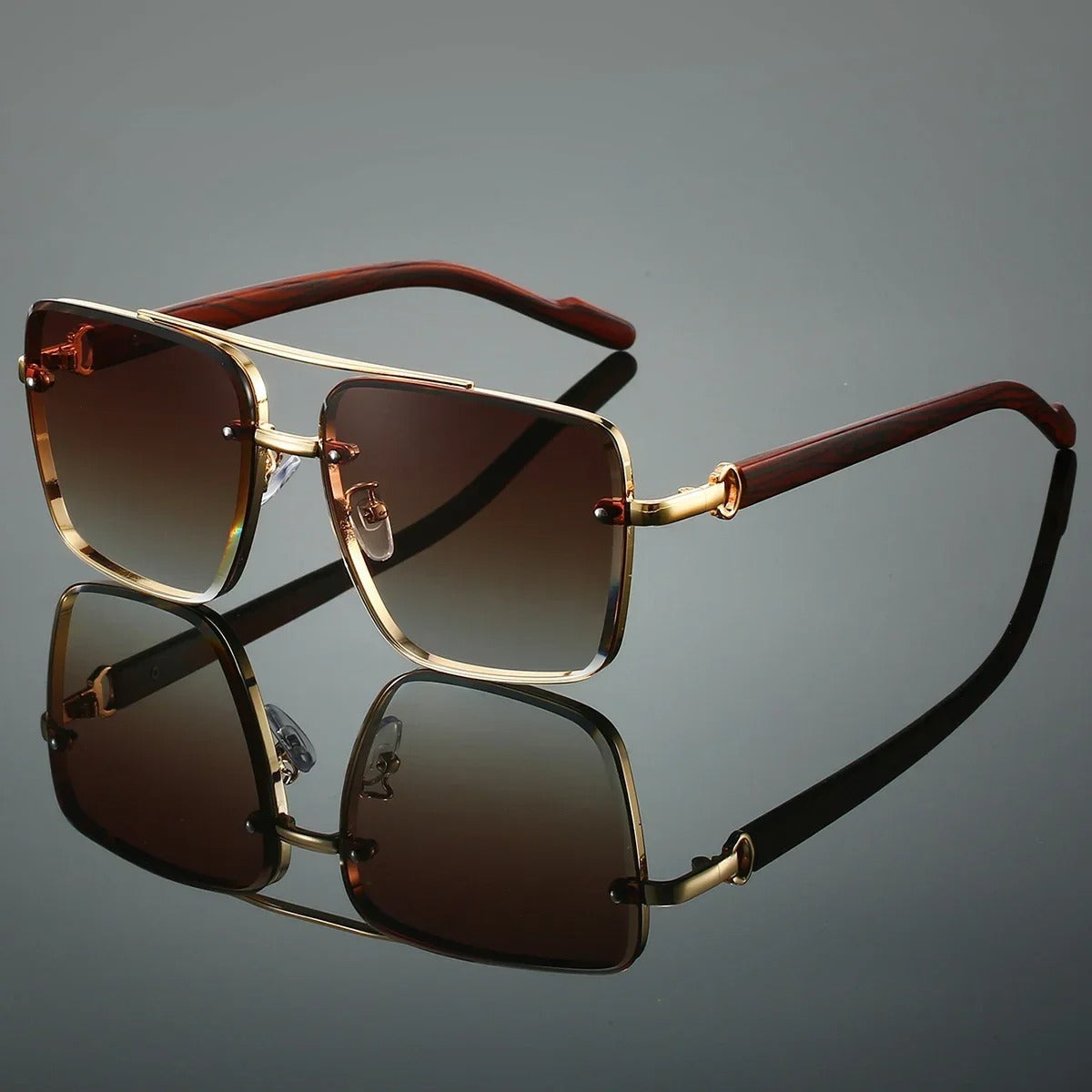 Enjoy the sun with unisex retro square sunglasses. Featuring gold frames & stylish wood arms.