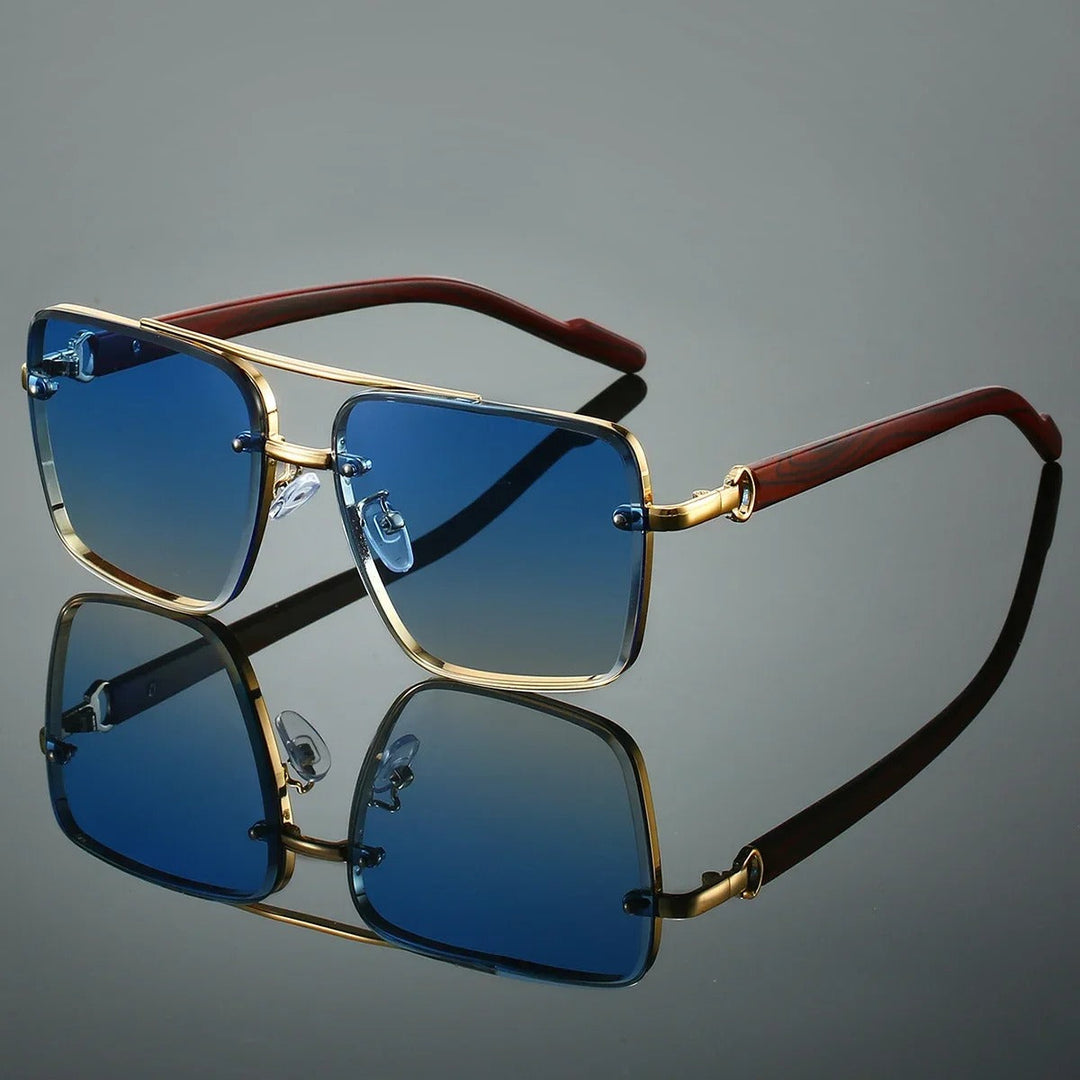 Elegant retro square sunglasses with a gold metal frame & natural wood-finish arms for unisex fashion.