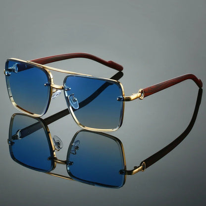 Elegant retro square sunglasses with a gold metal frame & natural wood-finish arms for unisex fashion.