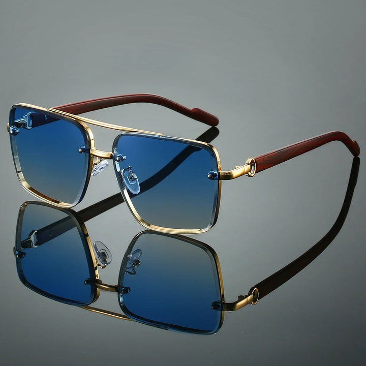 Elegant retro square sunglasses with a gold metal frame & natural wood-finish arms for unisex fashion.