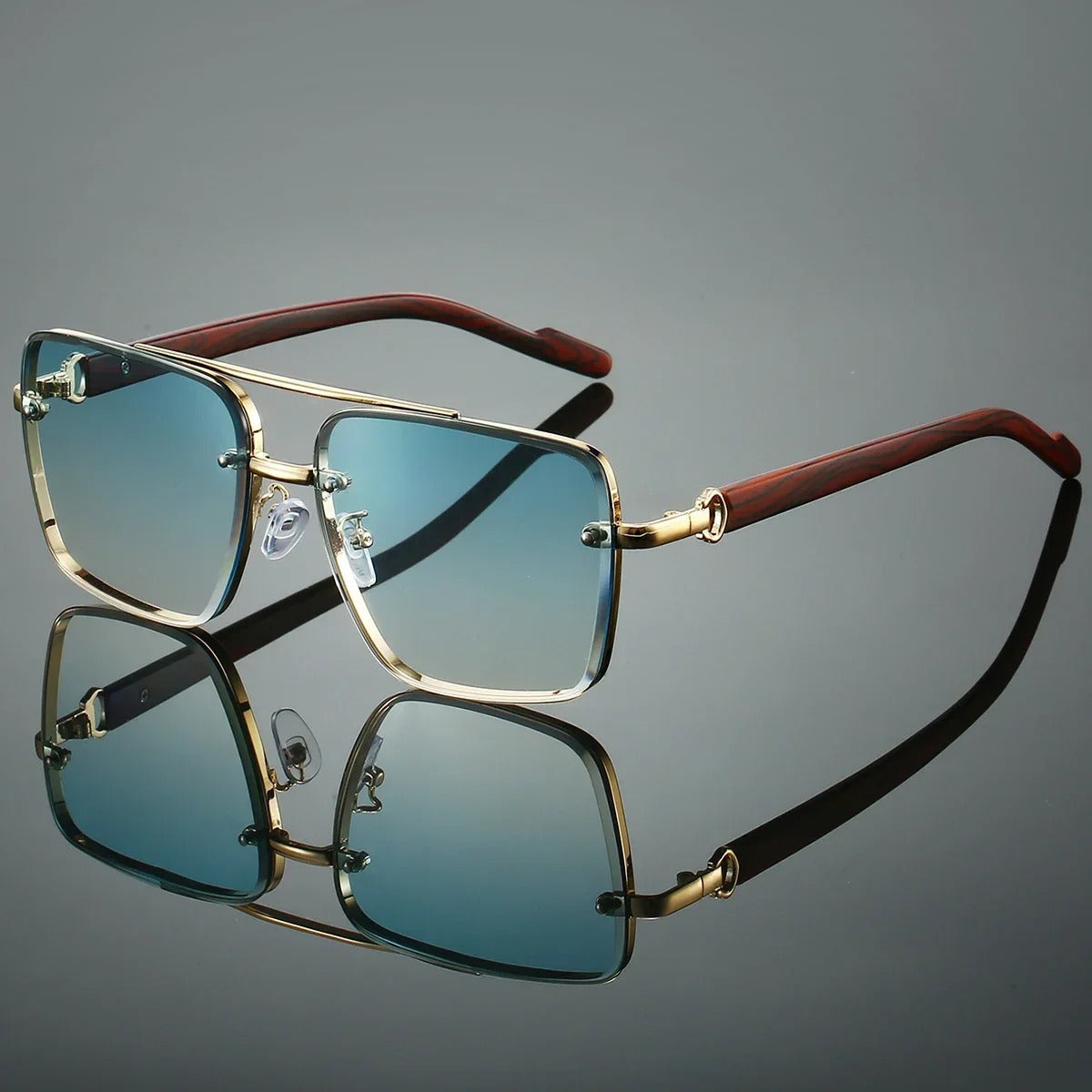 Unisex retro square sunglasses. Gold frame, wood arms. Offers UV protection for men's & women's style.