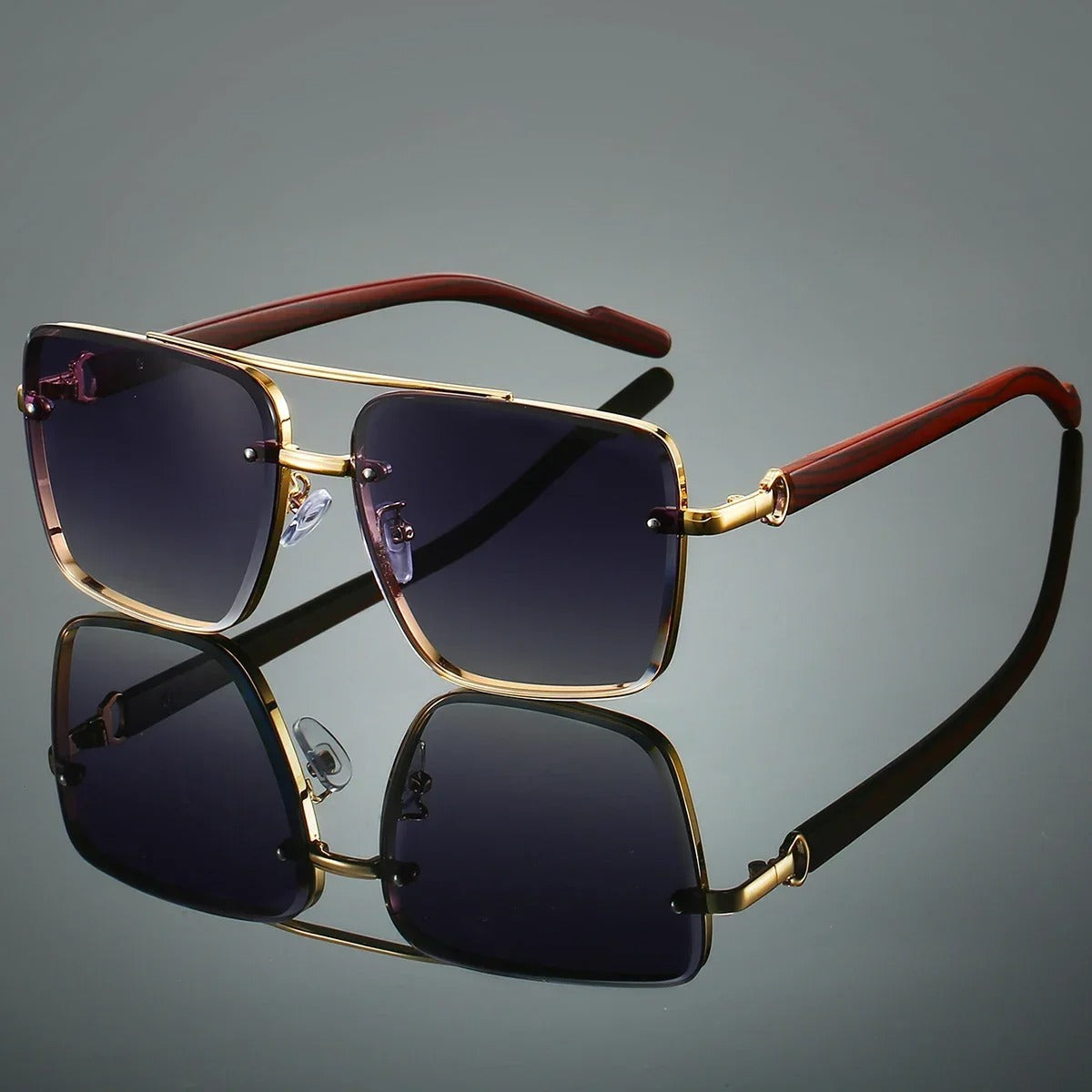 Retro square sunglasses for men & women, featuring a gold frame & unique wood arms. UV protection.