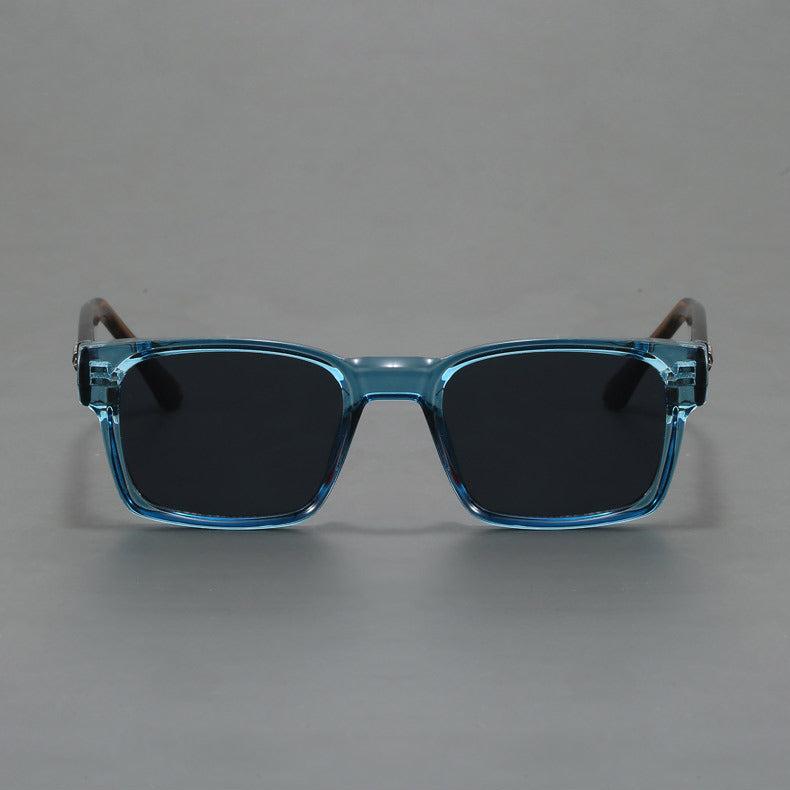 Blue tortoise unisex retro squared-frame sunglasses for UV eye protection.