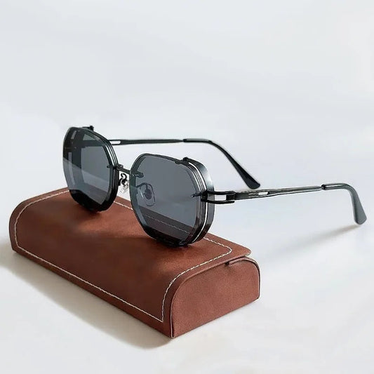 Unisex retro steampunk sunglasses, round lenses, metal frame. Offers stylish UV protection & vintage look.