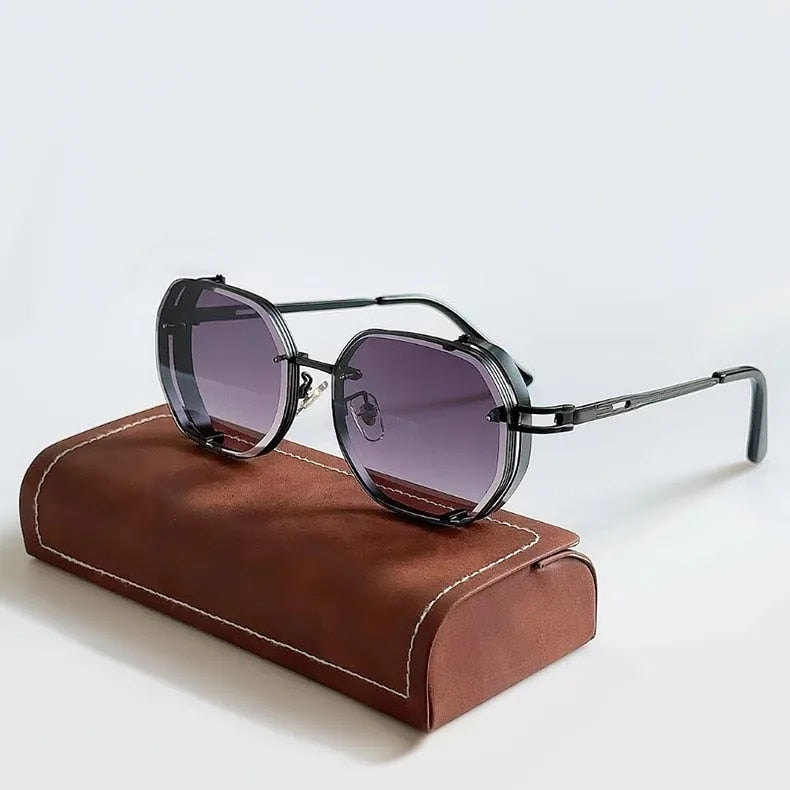 Close-up of durable steampunk sunglasses with unique side shields, perfect retro eyewear for fashion lovers.