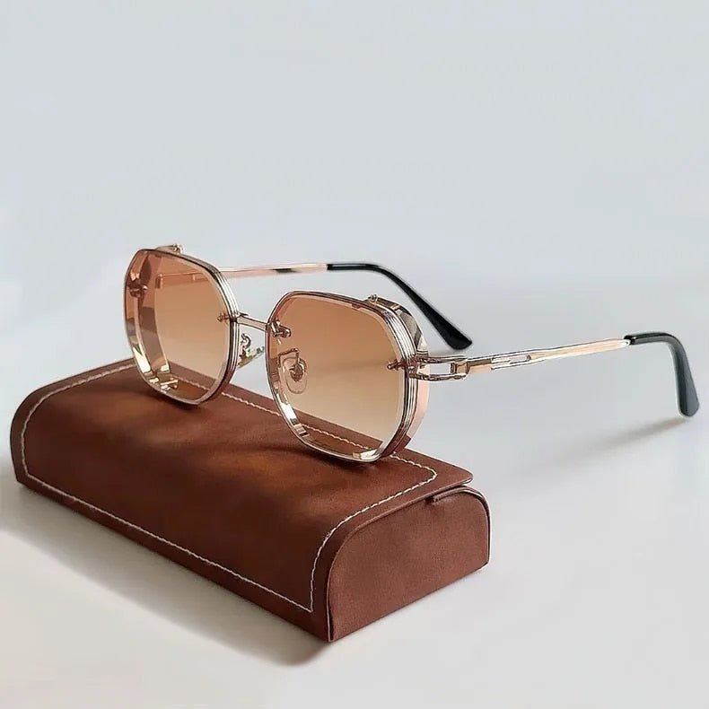 Model wearing unisex steampunk sunglasses, showcasing the cool retro design and comfortable fit. UV protected.