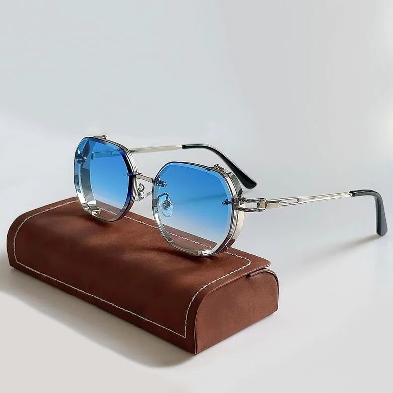 Side view of vintage steampunk eyewear with intricate details, offering fashion-forward style and UV protection.