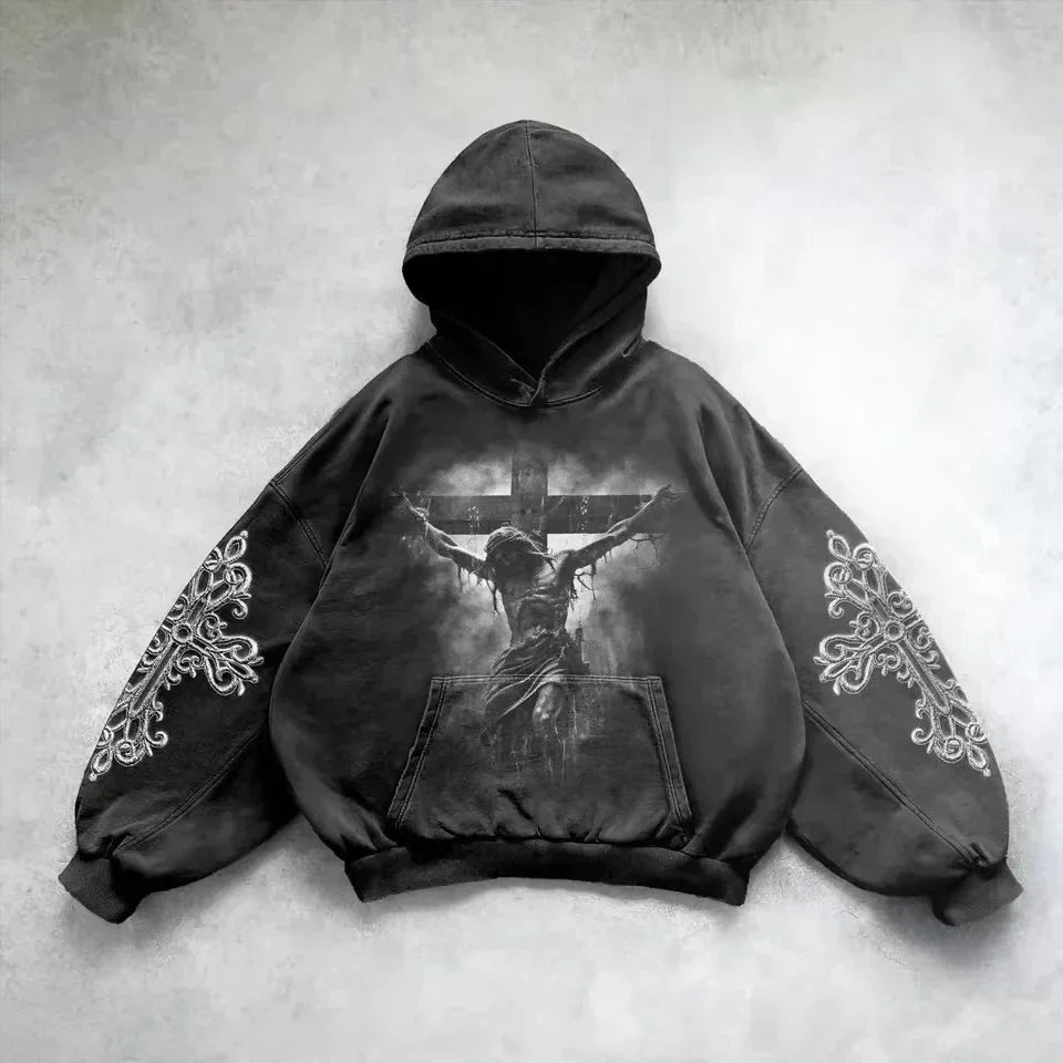Distressed, vintage-style unisex washed hoodie. Retro design for ultimate casual comfort.