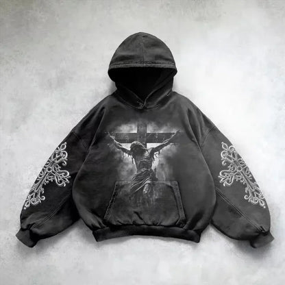 Distressed, vintage-style unisex washed hoodie. Retro design for ultimate casual comfort.