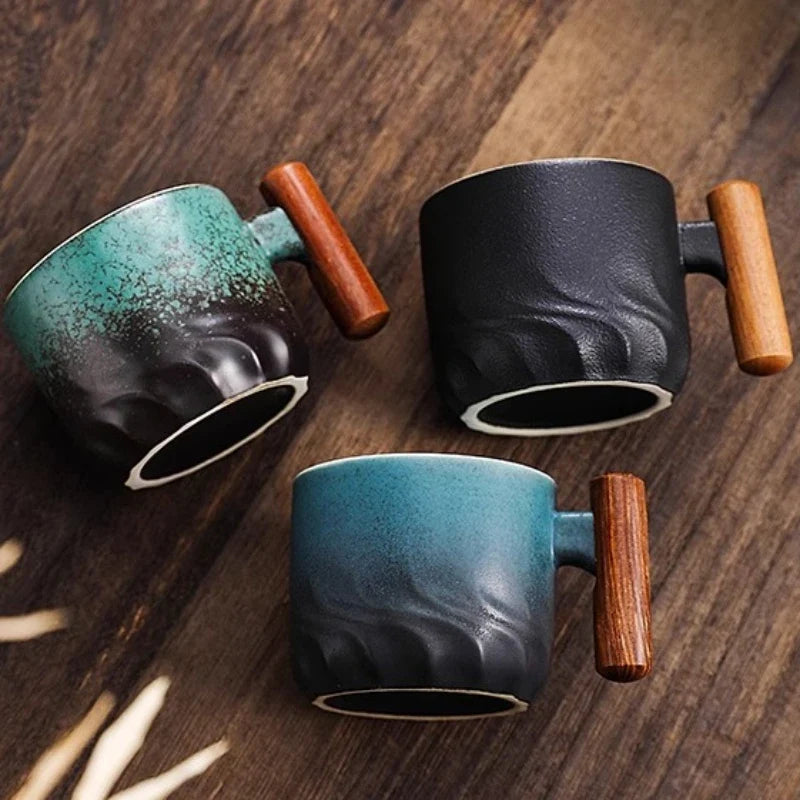 Unisex Retrograde Ceramic Espresso Mug with unique design & comfortable wooden handle. Handmade coffee cup.
