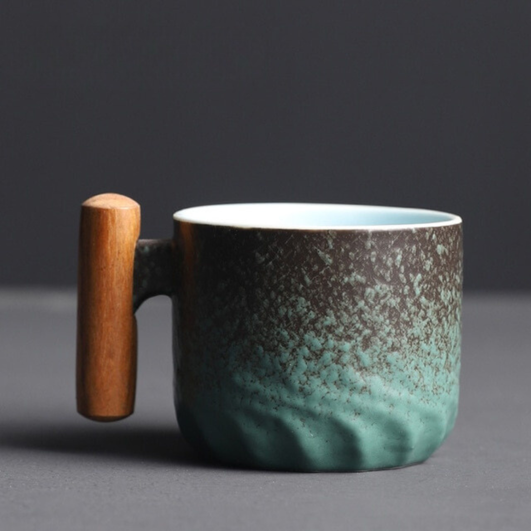 Unisex Retrograde Espresso Mug, handmade ceramic with a sleek design & ergonomic wooden handle. Coffee gift idea.
