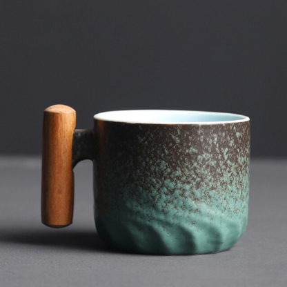 Unisex Retrograde Espresso Mug, handmade ceramic with a sleek design & ergonomic wooden handle. Coffee gift idea.