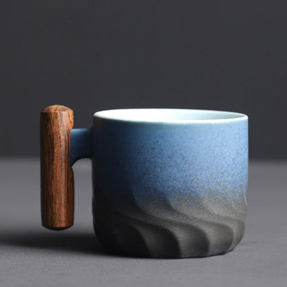 Unique Retrograde Ceramic Espresso Mug, black with natural wooden handle. A great gift idea for coffee enthusiasts.
