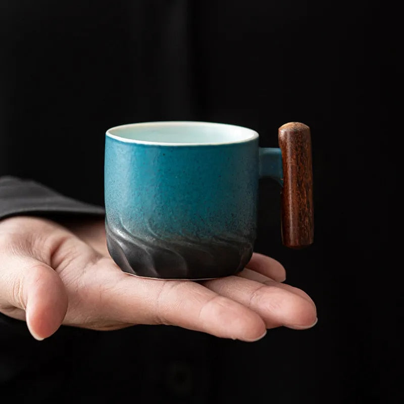 Stylish Unisex Retrograde Ceramic Espresso Mug, handmade with a comfortable wooden handle. Durable drinkware.