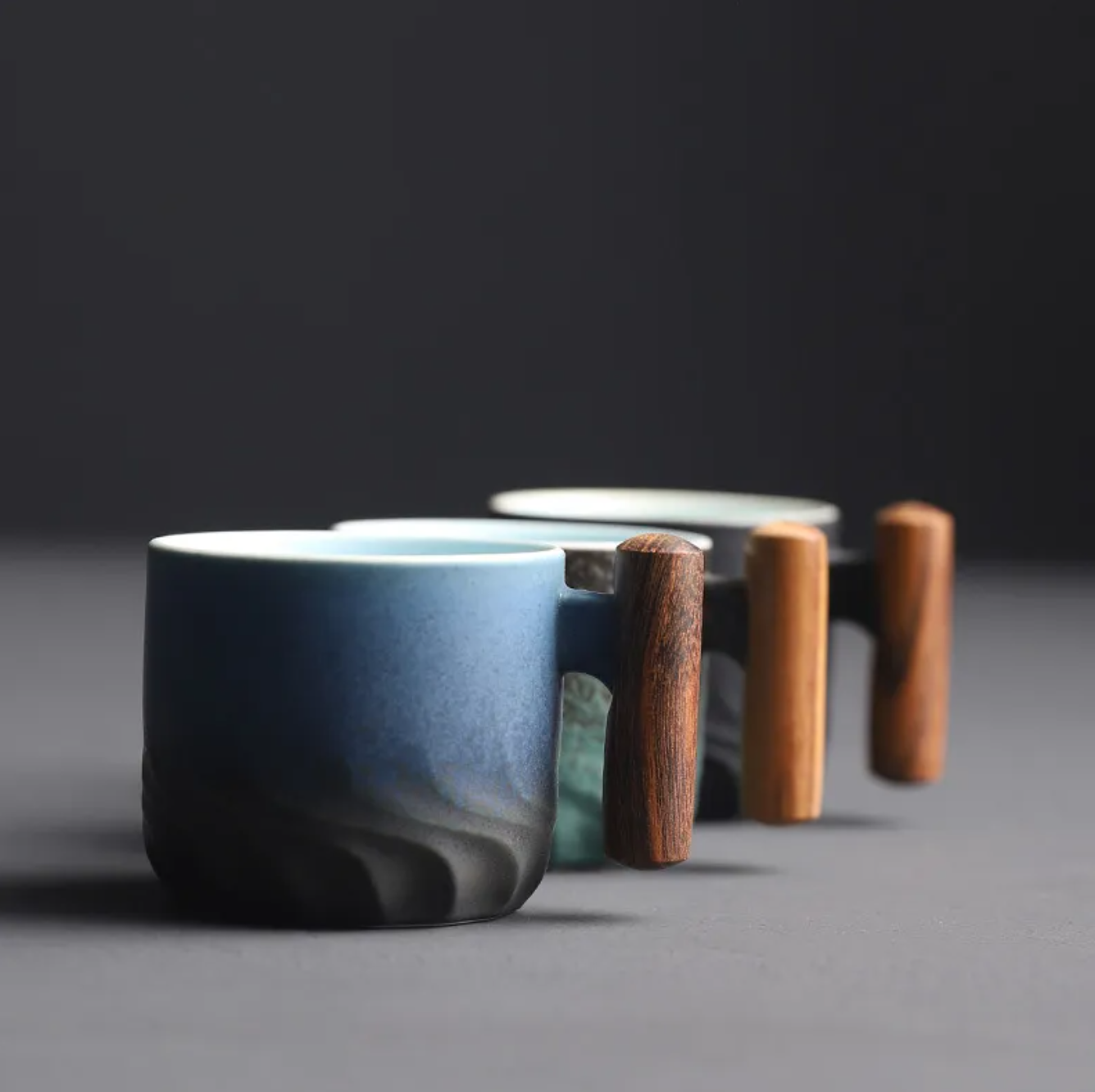 Ceramic Espresso Mug in Retrograde style, featuring a smooth finish and ergonomic wooden handle. Coffee cup.