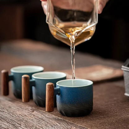 Modern Retrograde Ceramic Espresso Mug, handmade from ceramic with a contrasting wooden handle. Coffee lover's gift.