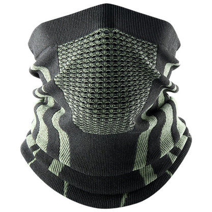 Pile of folded unisex reversible neck gaiters in various colors: black, grey, blue, representing versatility