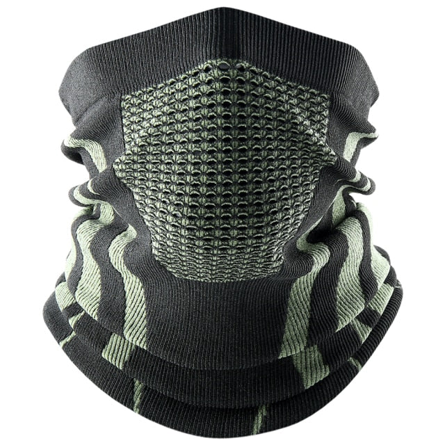 Pile of folded unisex reversible neck gaiters in various colors: black, grey, blue, representing versatility