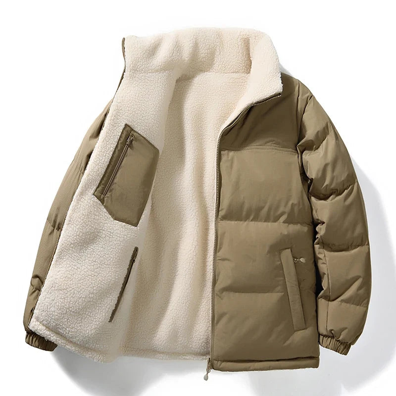 Unisex reversible winter jacket. Warm, versatile outerwear with quilted and sherpa sides for cold weather.