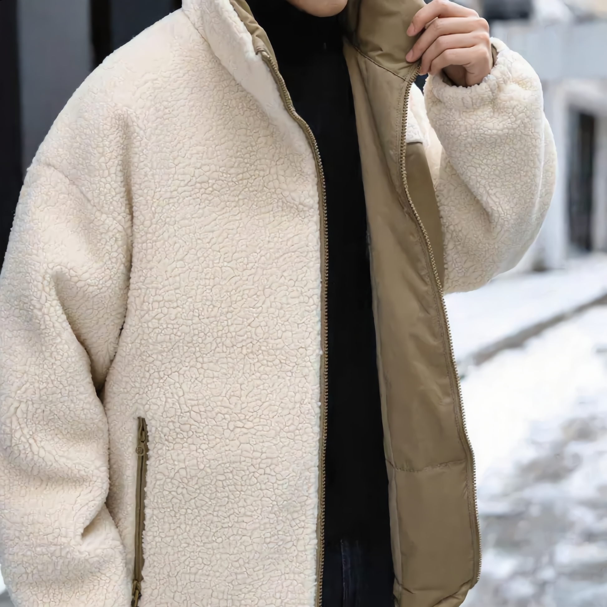 Durable unisex reversible winter jacket. Quilted & sherpa, warm outerwear designed for versatility and cold.