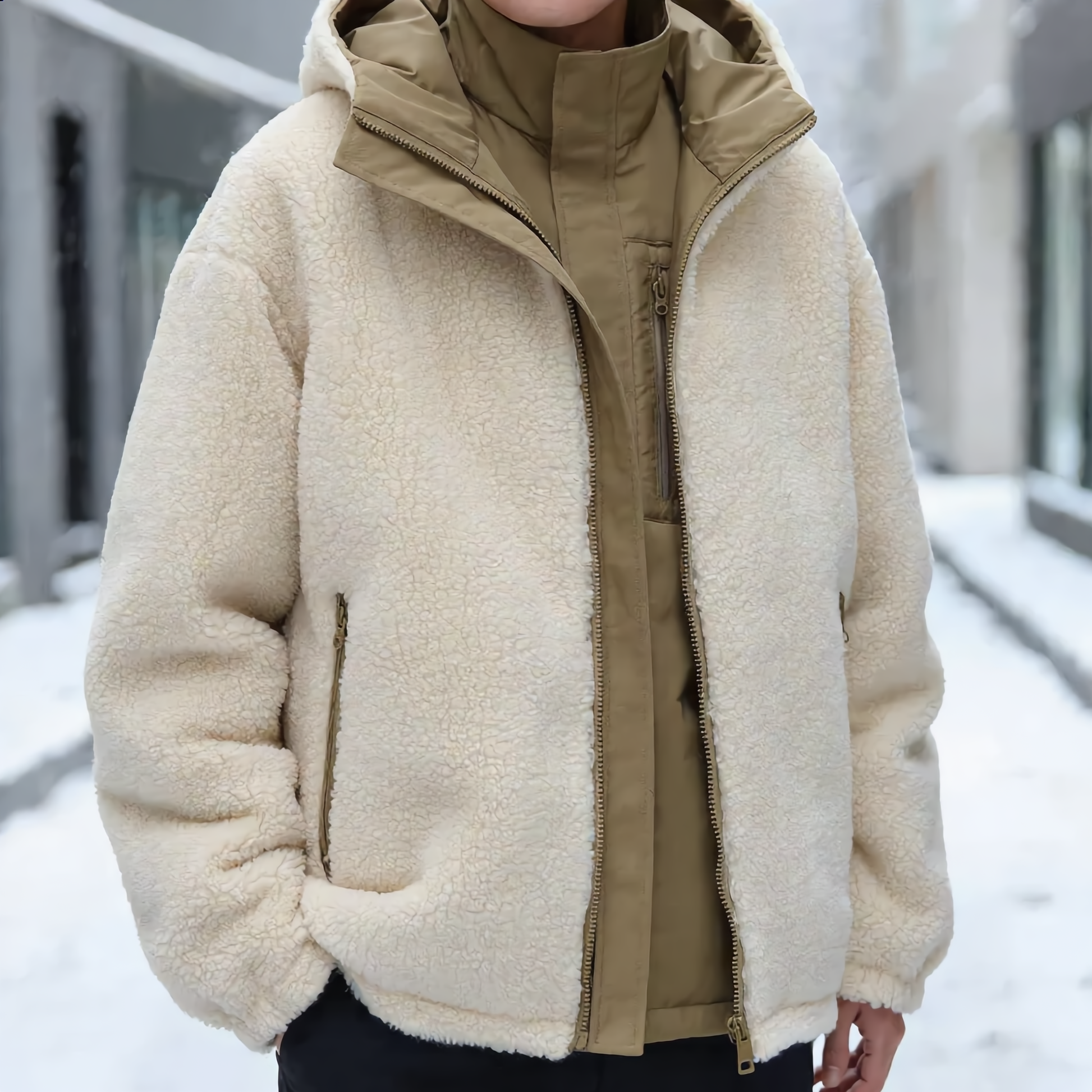 Cozy sherpa reversible winter jacket for unisex. Soft, warm & versatile for chilly days.