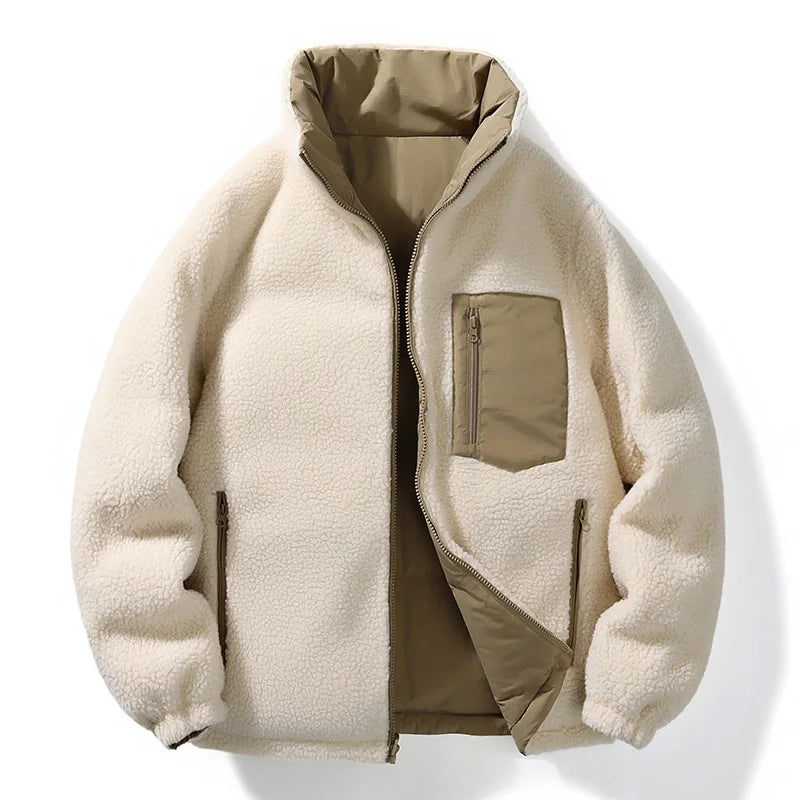 Two-tone reversible winter jacket, showcasing both quilted and sherpa textures for versatile unisex style.