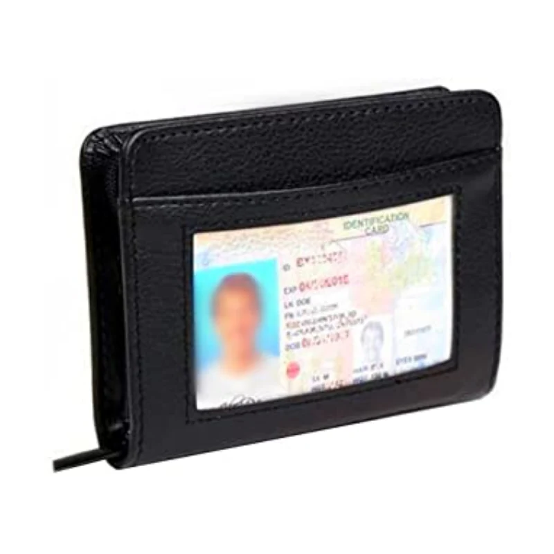 Compact zip-around RFID blocking leather wallet. Unisex card holder with secure slots for credit cards & ID data protection.