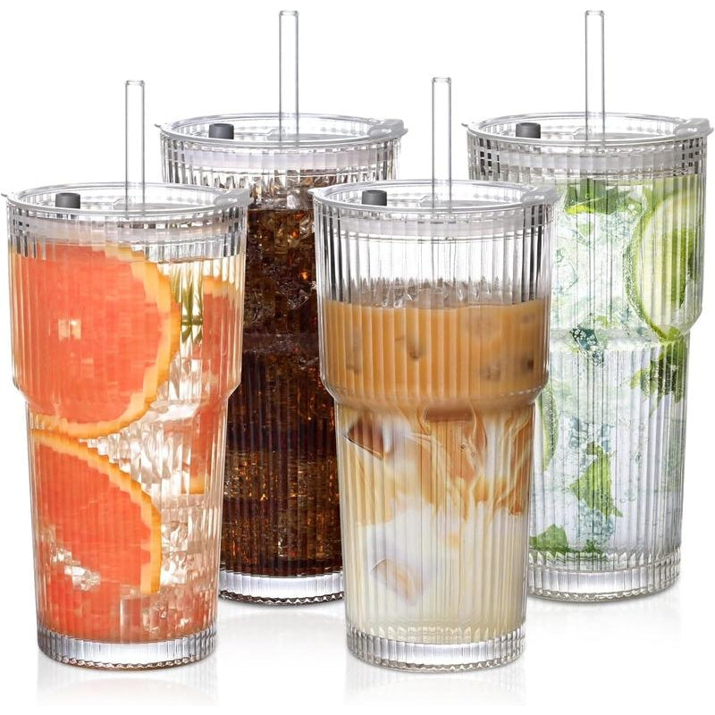 Unisex ribbed glass travel tumbler, perfect for any drink on the go. Portable and reusable drinkware.