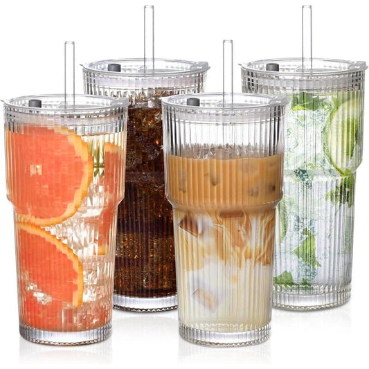 Unisex ribbed glass travel tumbler, perfect for any drink on the go. Portable and reusable drinkware.