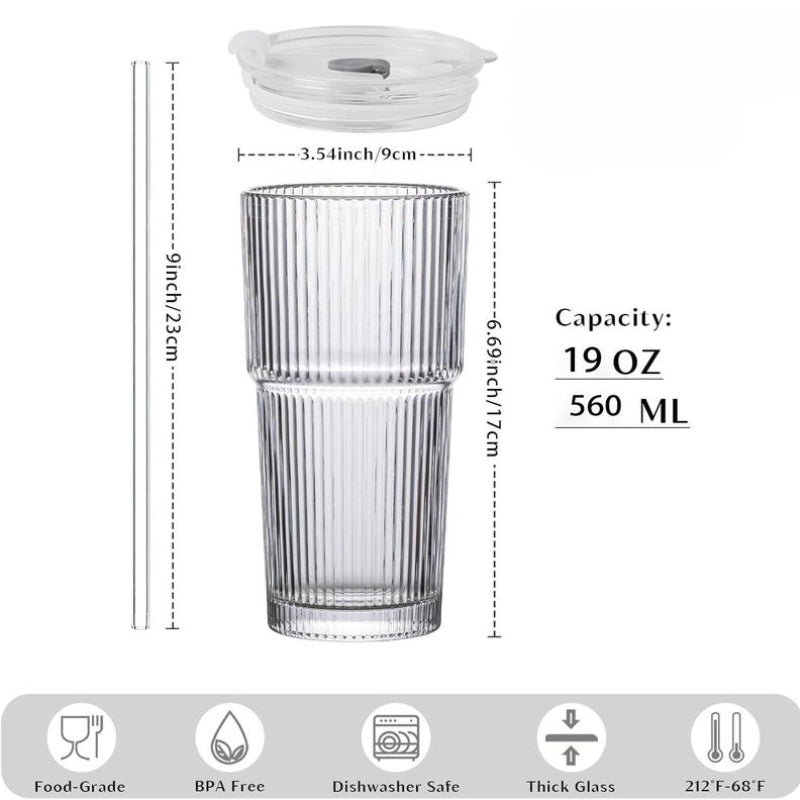 Spill-proof ribbed glass travel tumbler, ideal for portable hydration. Stylish unisex drinkware for daily use.