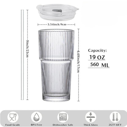 Spill-proof ribbed glass travel tumbler, ideal for portable hydration. Stylish unisex drinkware for daily use.