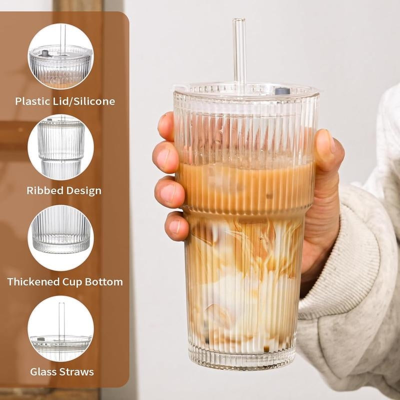 Elegant ribbed glass travel tumbler, durable and reusable. Unisex design for stylish on-the-go hydration.