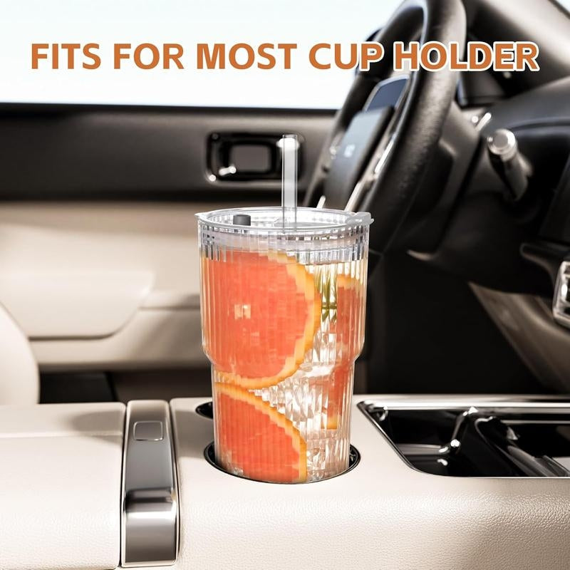 Eco-friendly reusable ribbed glass travel tumbler. Unisex design for portable, spill-proof hydration.