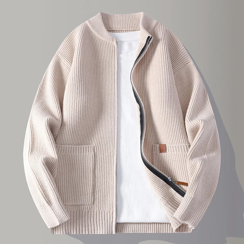 Unisex ribbed knit zip jacket for versatile layering. Soft, comfortable outerwear for everyday fashion.