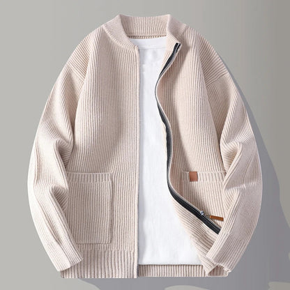Unisex ribbed knit zip jacket for versatile layering. Soft, comfortable outerwear for everyday fashion.