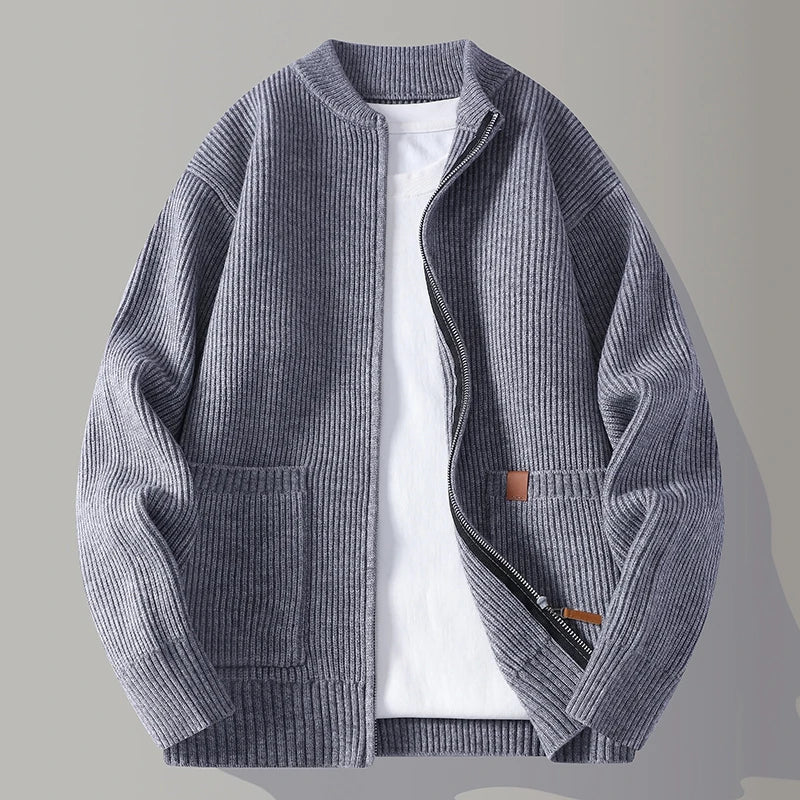 Versatile unisex ribbed knit jacket. Ideal casual outerwear for transitional weather & modern everyday fashion.
